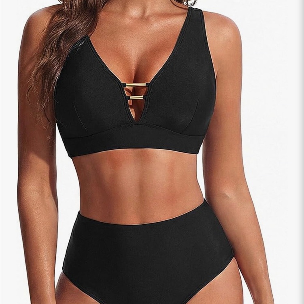 High-Waist Black V-Neck Bikini Set
